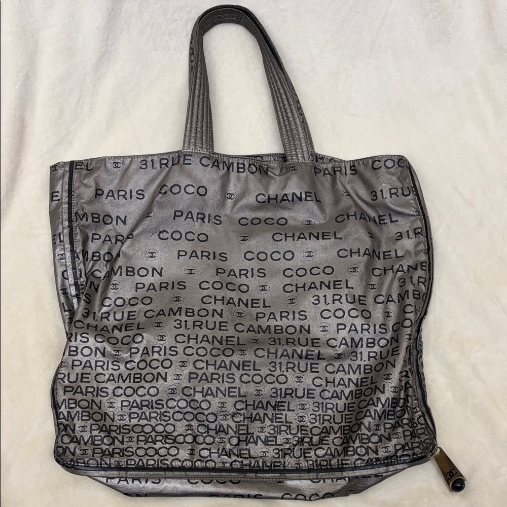 CHANEL Silver Metallic Gray Large Tote